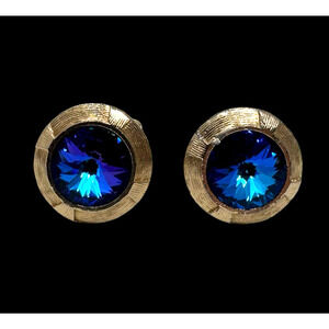 Vintage Anson Gold Tone Blue Aurora Borealis Crystal Cufflinks 21.5mm